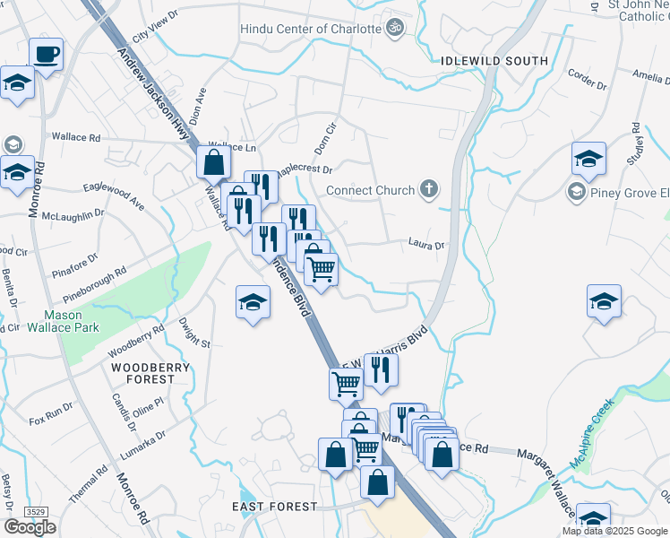 map of restaurants, bars, coffee shops, grocery stores, and more near 7711 Briardale Drive in Charlotte