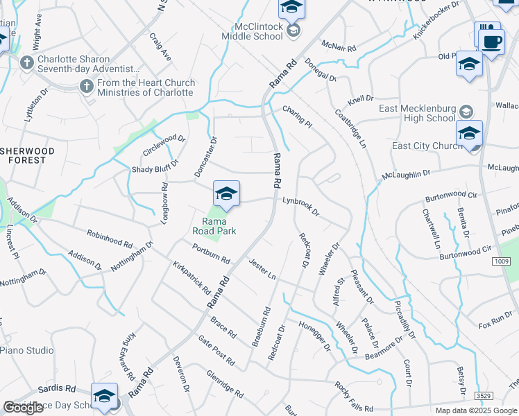 map of restaurants, bars, coffee shops, grocery stores, and more near 1207 Rama Road in Charlotte