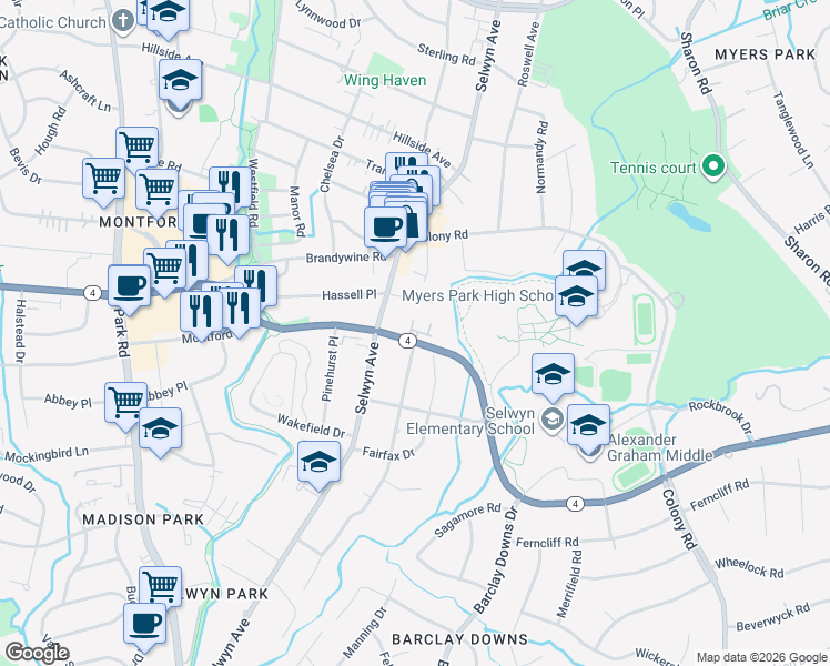map of restaurants, bars, coffee shops, grocery stores, and more near in Charlotte