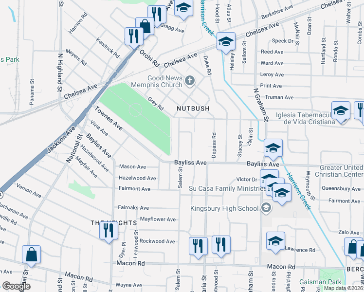 map of restaurants, bars, coffee shops, grocery stores, and more near 1419 Salem Street in Memphis