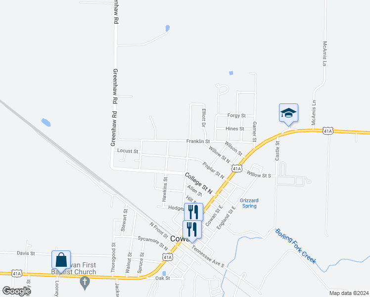 map of restaurants, bars, coffee shops, grocery stores, and more near 607 Montgomery Street in Cowan