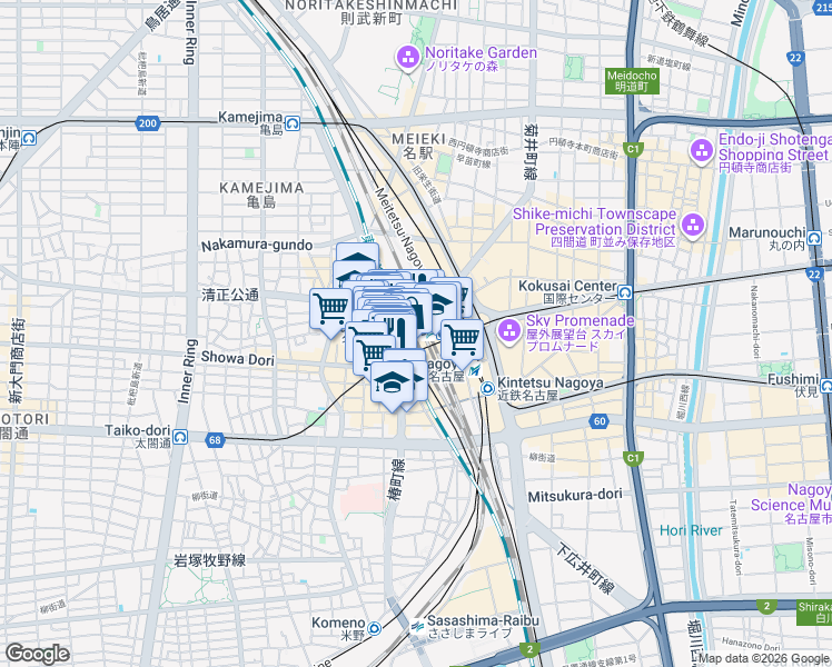 map of restaurants, bars, coffee shops, grocery stores, and more near in Nagoya