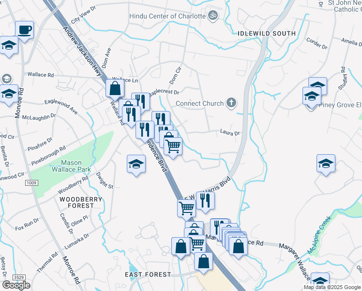 map of restaurants, bars, coffee shops, grocery stores, and more near 7711 Briardale Drive in Charlotte