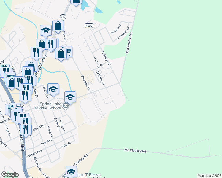 map of restaurants, bars, coffee shops, grocery stores, and more near 100-176 S Betty St in Spring Lake