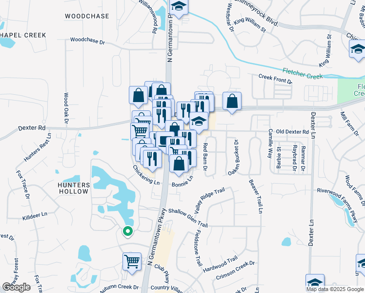 map of restaurants, bars, coffee shops, grocery stores, and more near 8125 Cordova Center Drive in Memphis