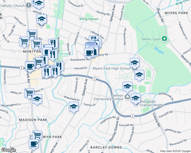map of restaurants, bars, coffee shops, grocery stores, and more near in Charlotte