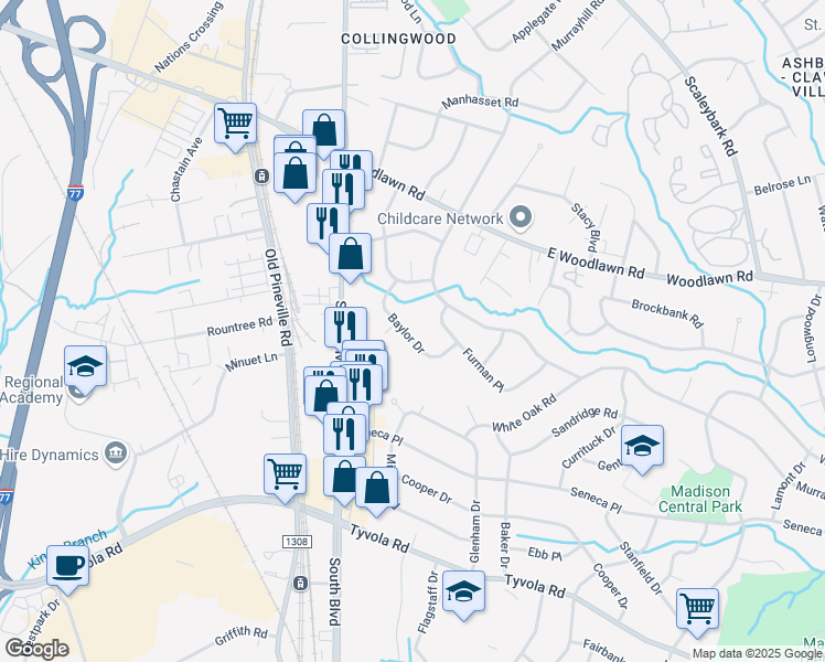 map of restaurants, bars, coffee shops, grocery stores, and more near 5039 Baylor Drive in Charlotte
