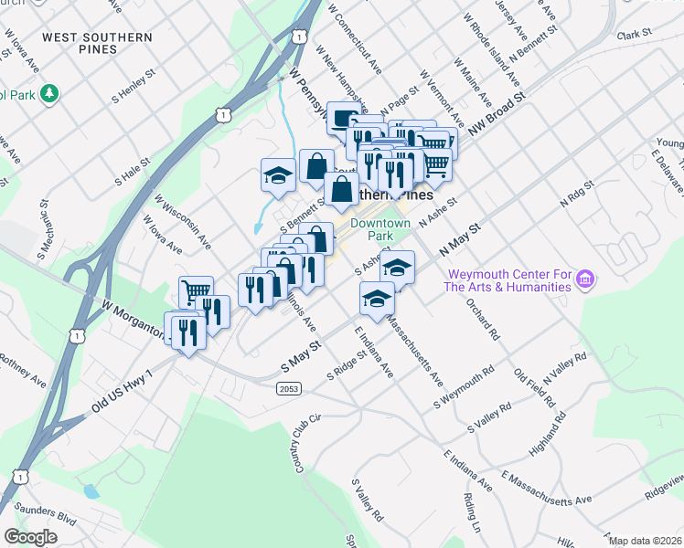 map of restaurants, bars, coffee shops, grocery stores, and more near 240 East Massachusetts Avenue in Southern Pines