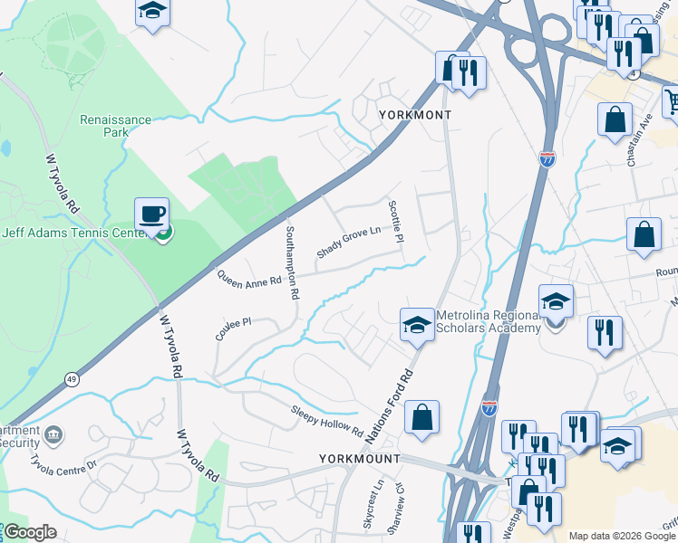map of restaurants, bars, coffee shops, grocery stores, and more near 5233 Queen Anne Road in Charlotte