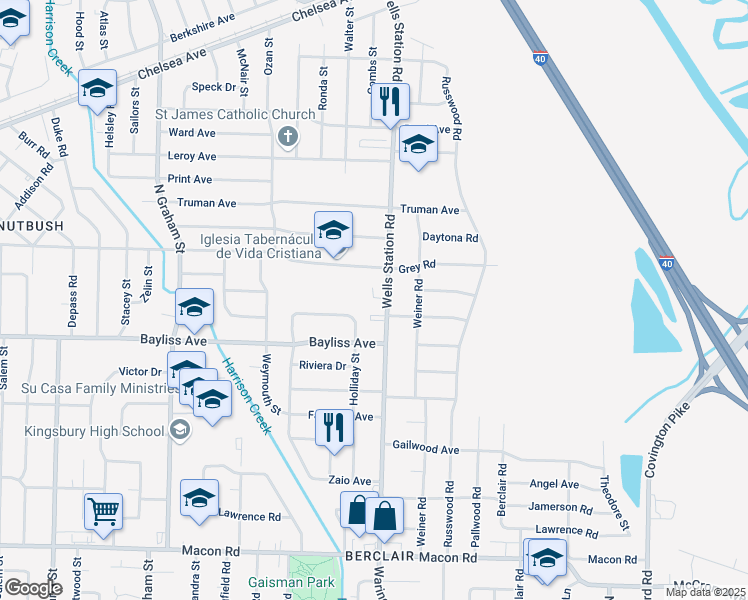 map of restaurants, bars, coffee shops, grocery stores, and more near 1447 Wells Station Road in Memphis