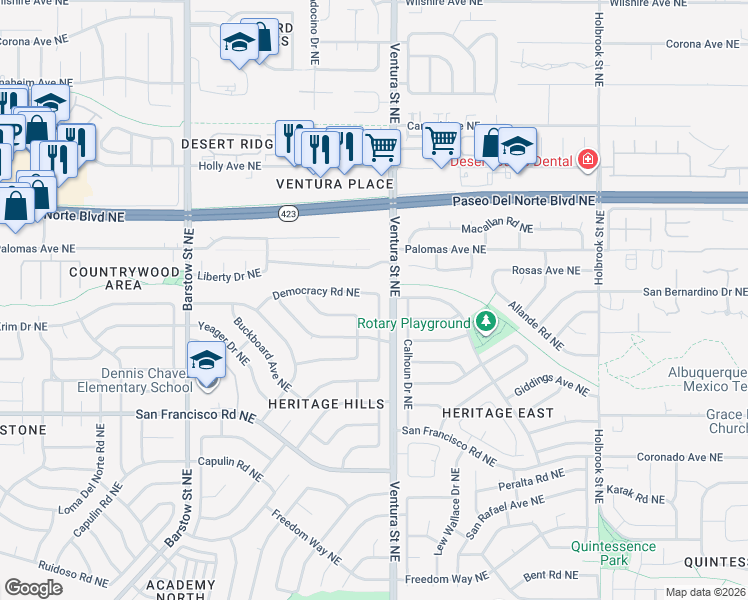 map of restaurants, bars, coffee shops, grocery stores, and more near 7812 Executive Drive Northeast in Albuquerque