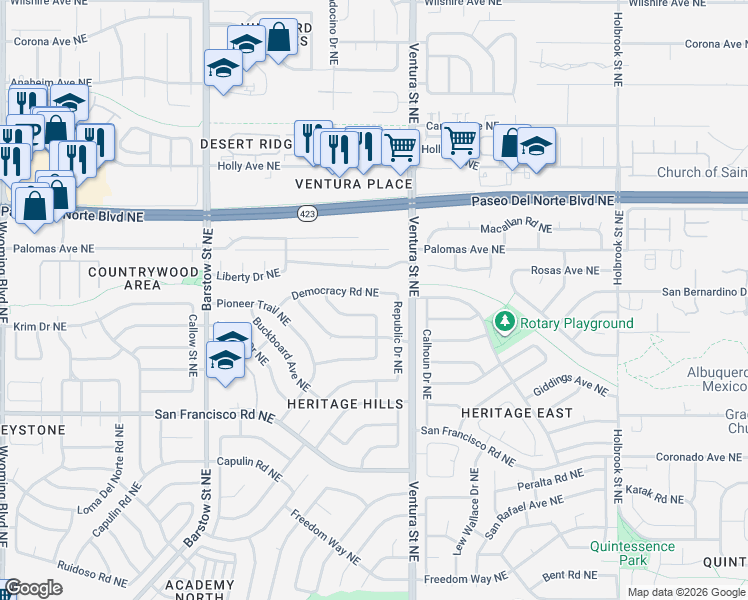 map of restaurants, bars, coffee shops, grocery stores, and more near 7812 Executive Drive Northeast in Albuquerque