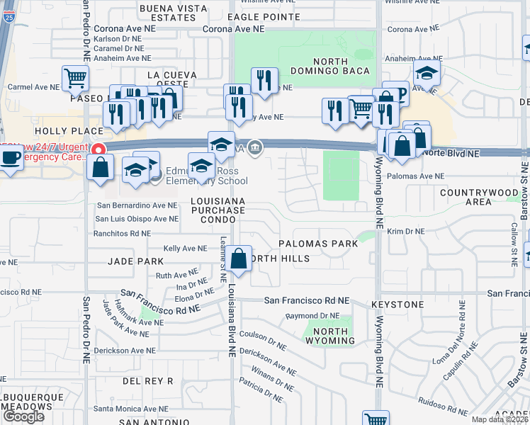 map of restaurants, bars, coffee shops, grocery stores, and more near 7120 Springfield Drive Northeast in Albuquerque
