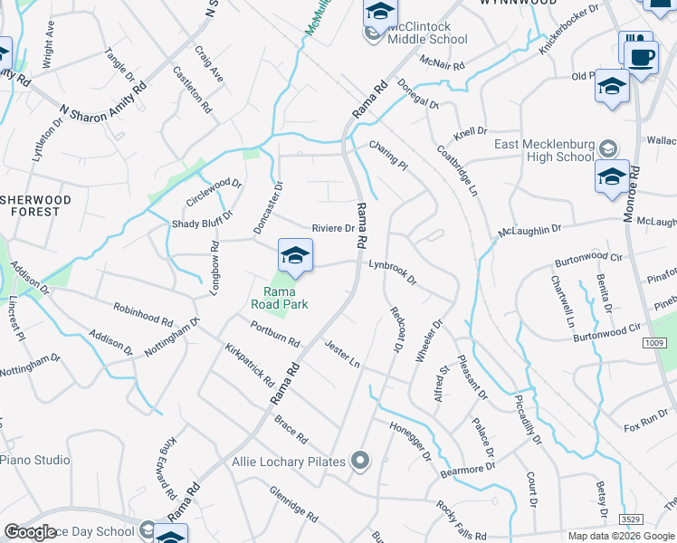 map of restaurants, bars, coffee shops, grocery stores, and more near 1207 Rama Road in Charlotte