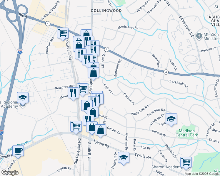 map of restaurants, bars, coffee shops, grocery stores, and more near 5039 Baylor Drive in Charlotte