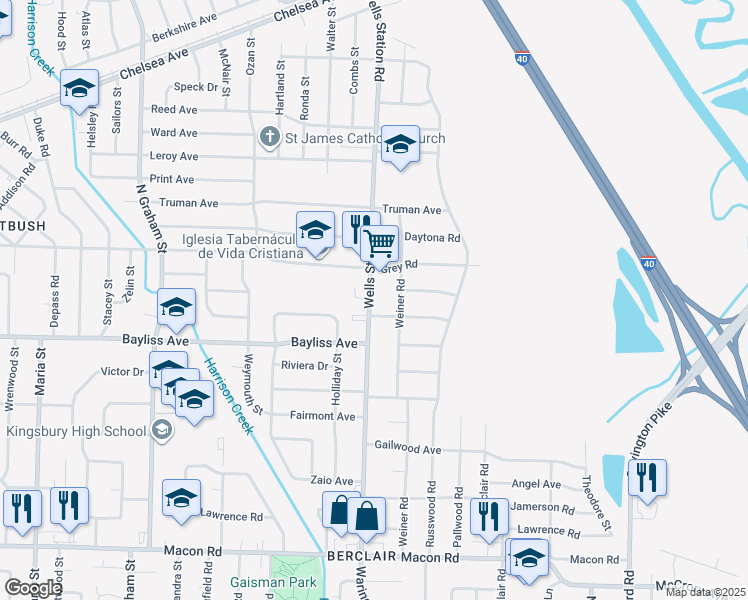 map of restaurants, bars, coffee shops, grocery stores, and more near 1417 Wells Station Road in Memphis