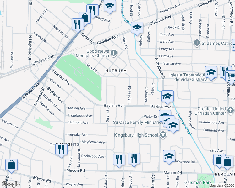 map of restaurants, bars, coffee shops, grocery stores, and more near 1419 Wrenwood Street in Memphis