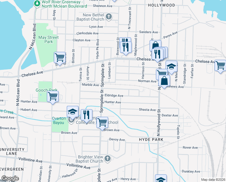 map of restaurants, bars, coffee shops, grocery stores, and more near 2253 Eldridge Avenue in Memphis