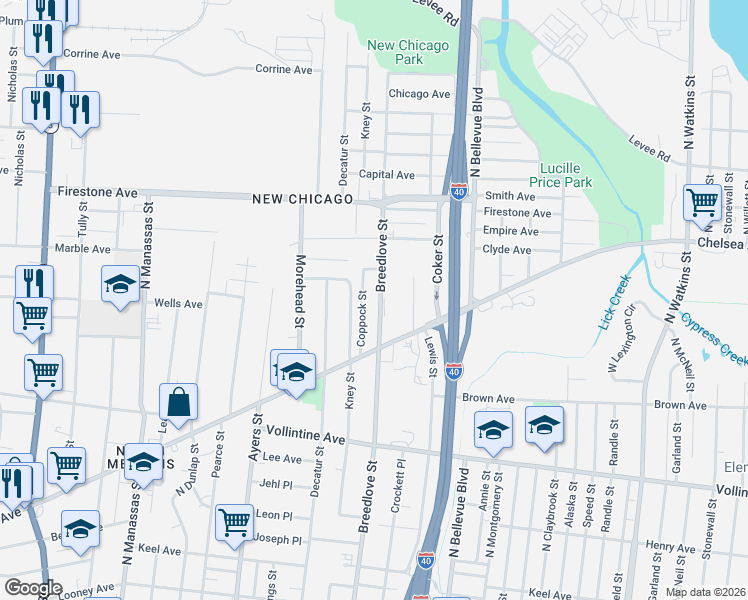 map of restaurants, bars, coffee shops, grocery stores, and more near 1120 Coppock Street in Memphis