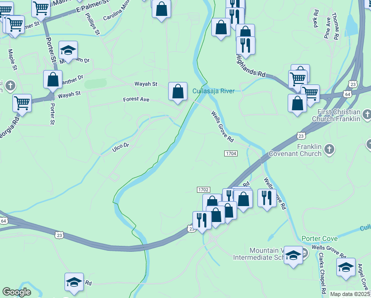 map of restaurants, bars, coffee shops, grocery stores, and more near Phillips Lane in Franklin