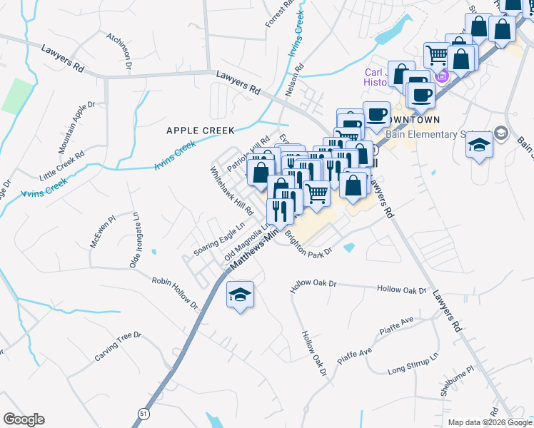 map of restaurants, bars, coffee shops, grocery stores, and more near 6713 Old Magnolia Lane in Mint Hill