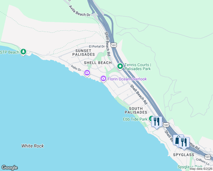 map of restaurants, bars, coffee shops, grocery stores, and more near 121 Indio Drive in Pismo Beach