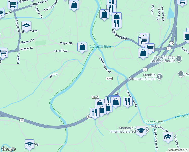 map of restaurants, bars, coffee shops, grocery stores, and more near Phillips Lane in Franklin