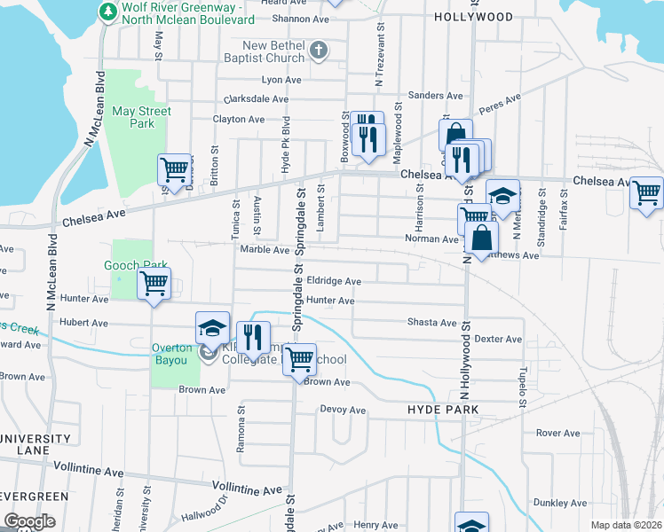 map of restaurants, bars, coffee shops, grocery stores, and more near 2253 Eldridge Avenue in Memphis