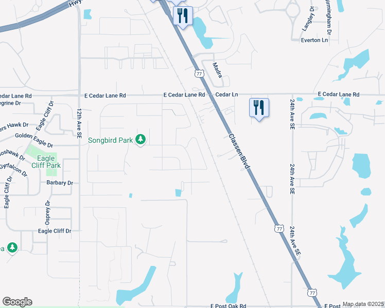 map of restaurants, bars, coffee shops, grocery stores, and more near 1502 East Cedar Lane Road in Norman