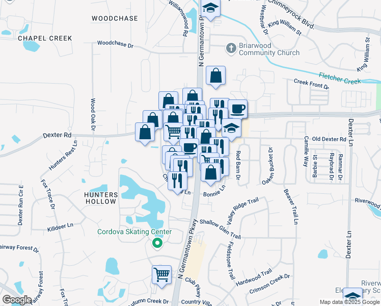 map of restaurants, bars, coffee shops, grocery stores, and more near 1641 North Germantown Parkway in Memphis