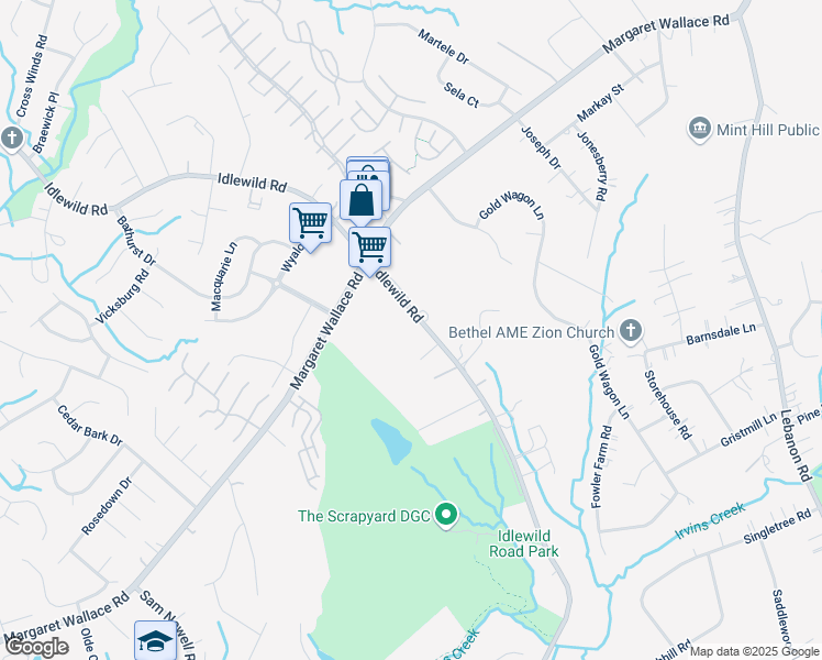 map of restaurants, bars, coffee shops, grocery stores, and more near 9930 Idlewild Road in Matthews