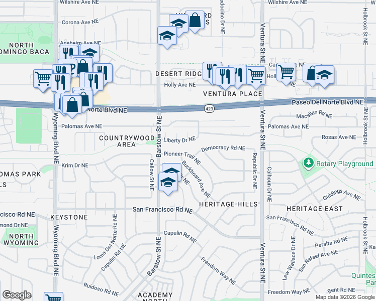 map of restaurants, bars, coffee shops, grocery stores, and more near 7727 Pioneer Trail Northeast in Albuquerque
