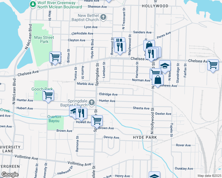 map of restaurants, bars, coffee shops, grocery stores, and more near 2253 Eldridge Avenue in Memphis