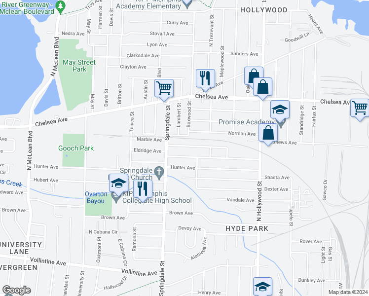 map of restaurants, bars, coffee shops, grocery stores, and more near 2253 Eldridge Avenue in Memphis