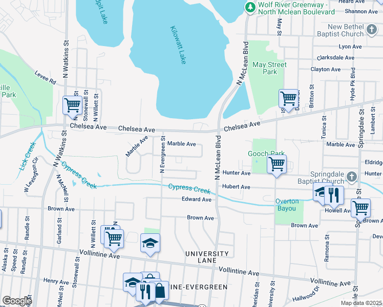 map of restaurants, bars, coffee shops, grocery stores, and more near 1771 Eldridge Avenue in Memphis