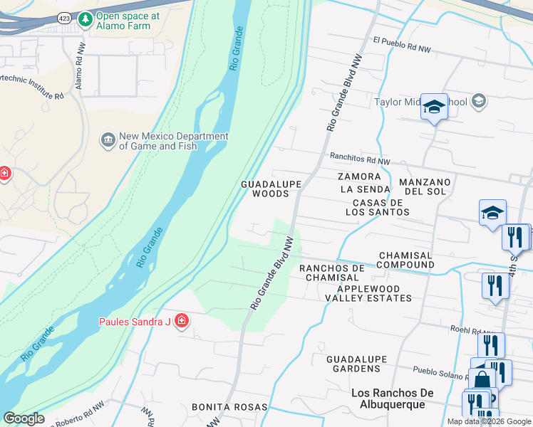 map of restaurants, bars, coffee shops, grocery stores, and more near 7515 Rio Grande Boulevard Northwest in Los Ranchos de Albuquerque