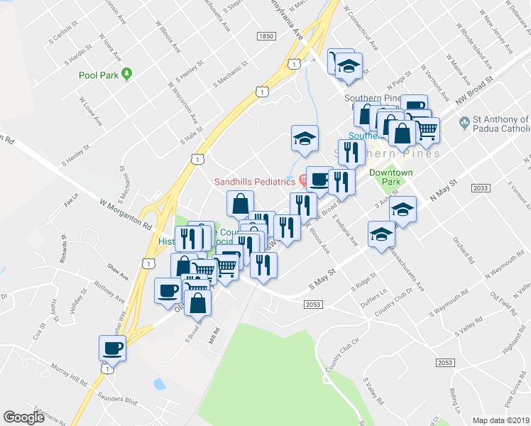 map of restaurants, bars, coffee shops, grocery stores, and more near 162 West Wisconsin Avenue in Southern Pines