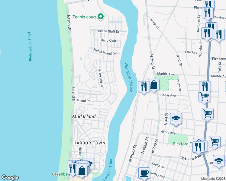 map of restaurants, bars, coffee shops, grocery stores, and more near 1098 Island Place East in Memphis