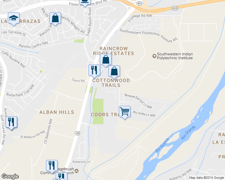 map of restaurants, bars, coffee shops, grocery stores, and more near 2905 River Willow Trail NW in Albuquerque