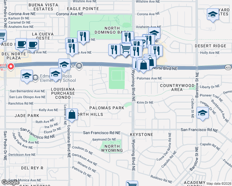 map of restaurants, bars, coffee shops, grocery stores, and more near 7309 Laster Avenue Northeast in Albuquerque