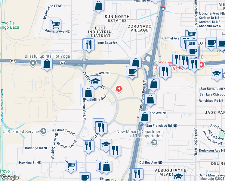 map of restaurants, bars, coffee shops, grocery stores, and more near 7800 Headline Boulevard Northeast in Albuquerque