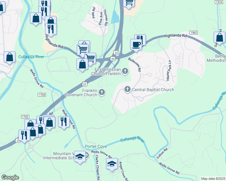 map of restaurants, bars, coffee shops, grocery stores, and more near 549 Belleview Rd. in Franklin