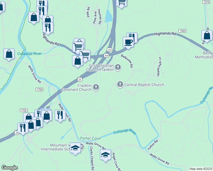 map of restaurants, bars, coffee shops, grocery stores, and more near 549 Belleview Rd. in Franklin