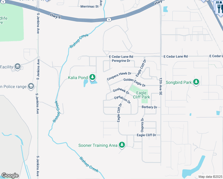 map of restaurants, bars, coffee shops, grocery stores, and more near 516 Goshawk Drive in Norman