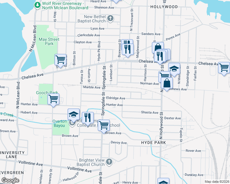 map of restaurants, bars, coffee shops, grocery stores, and more near 2253 Eldridge Avenue in Memphis