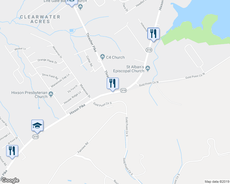 map of restaurants, bars, coffee shops, grocery stores, and more near 1898 Thrasher Pike in Middle Valley
