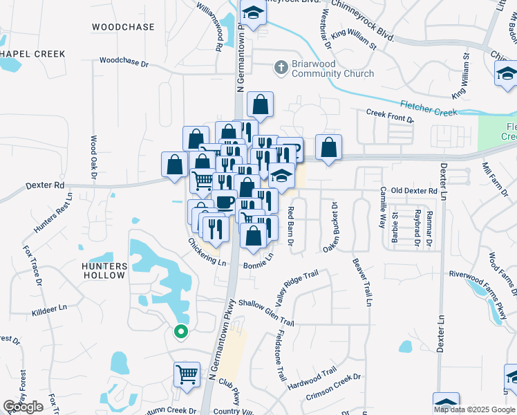 map of restaurants, bars, coffee shops, grocery stores, and more near 8125 Cordova Center Drive in Memphis