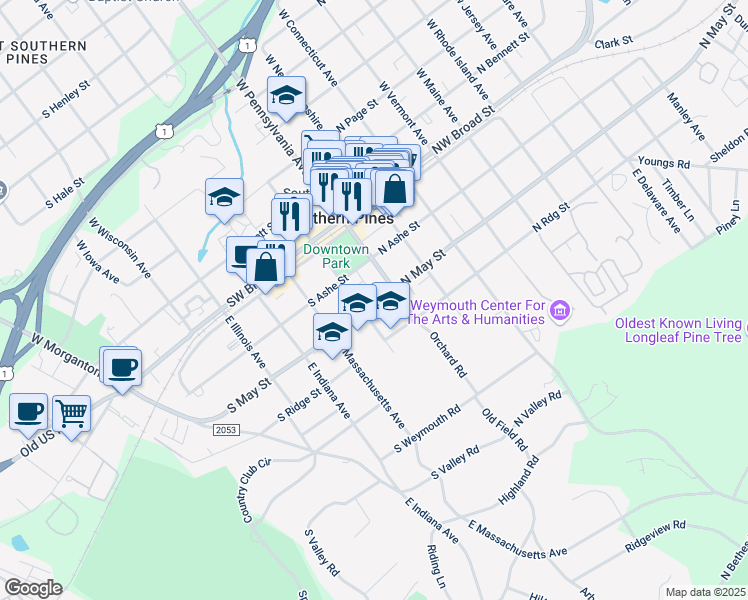 map of restaurants, bars, coffee shops, grocery stores, and more near 160 South May Street in Southern Pines