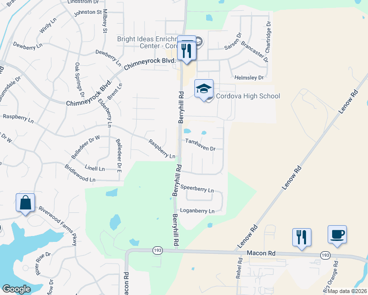 map of restaurants, bars, coffee shops, grocery stores, and more near 9159 Raspberry Lane in Shelby County