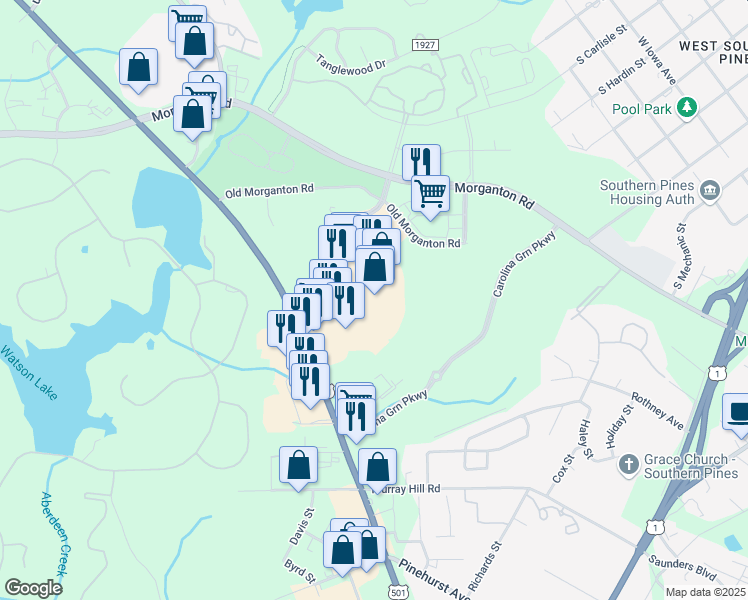 map of restaurants, bars, coffee shops, grocery stores, and more near 110 Brucewood Road in Southern Pines
